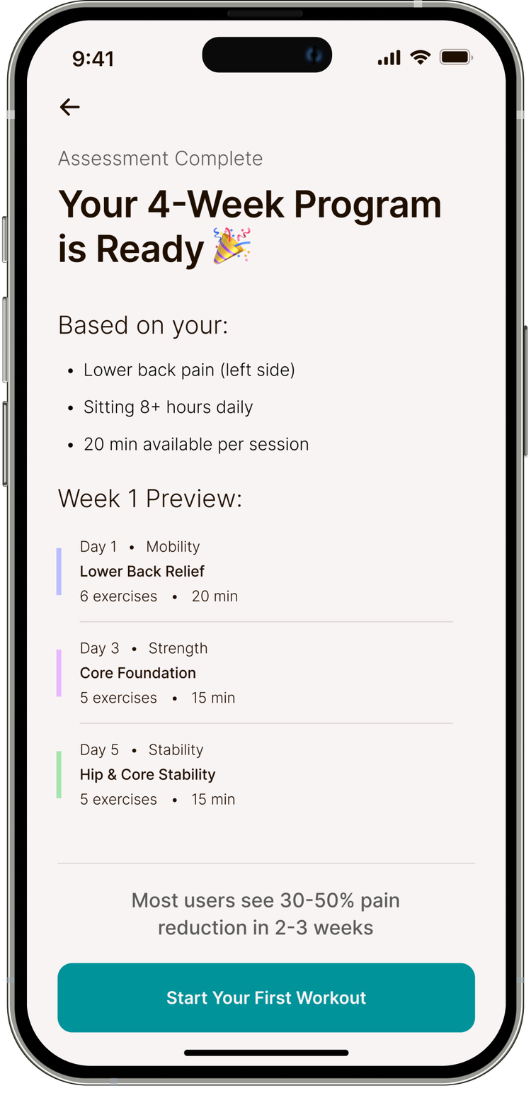 SmartBack app showing personalized 4-week program based on assessment