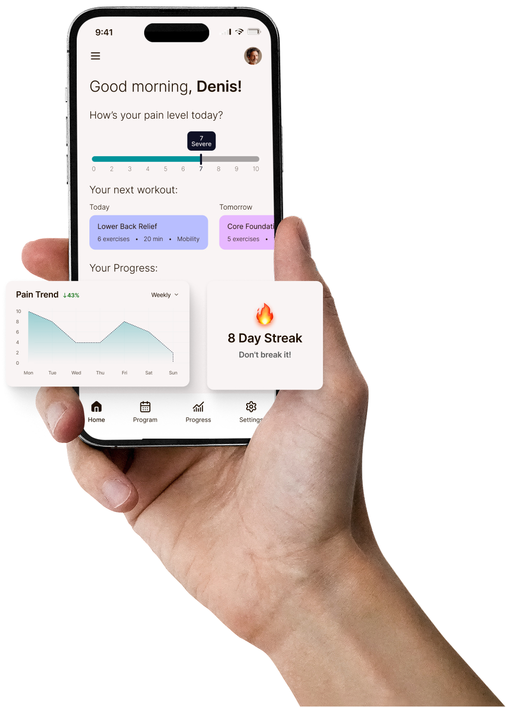SmartBack app dashboard showing pain tracking and workout programs